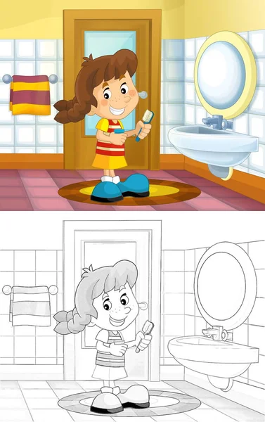 Desenho Animado Criança Banheiro Menina Lavar Louça Ilustração Rosto Para — Fotografia de Stock