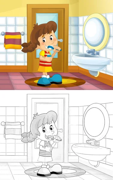 Bambino Schizzo Cartone Animato Bagno Ragazza Lavare Volto Illustrazione Bambini — Foto Stock