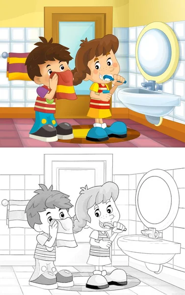 Desenhos Animados Esboço Crianças Banheiro Menino Menina Lavar Louça Ilustração — Fotografia de Stock