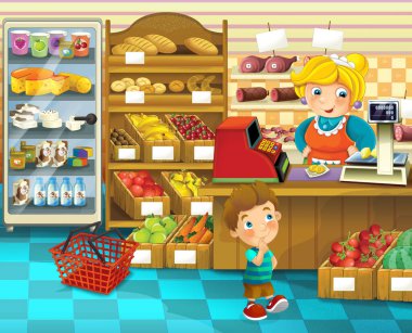 Farklı ürünleri olan bir dükkanda çizgi film sahnesi - çocuklar için illüstrasyon