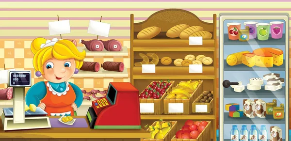 cartoon scene in a shop with different goods - illustration for children