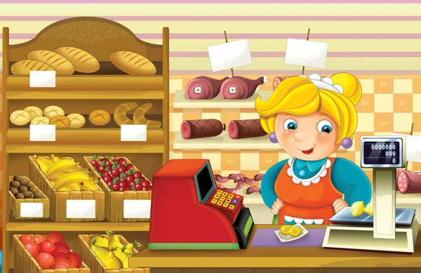 Cartoon Scene Een Winkel Met Verschillende Goederen Illustratie Voor Kinderen — Stockfoto