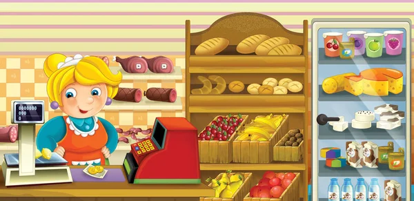Cartoon Scene Een Winkel Met Verschillende Goederen Illustratie Voor Kinderen — Stockfoto