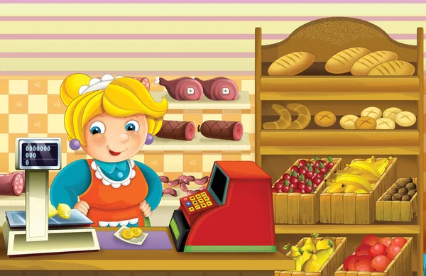 cartoon scene in a shop with different goods - illustration for children