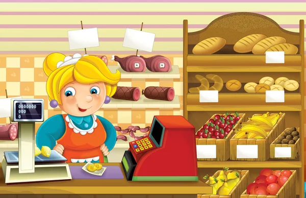 Cartoon Scene Een Winkel Met Verschillende Goederen Illustratie Voor Kinderen — Stockfoto