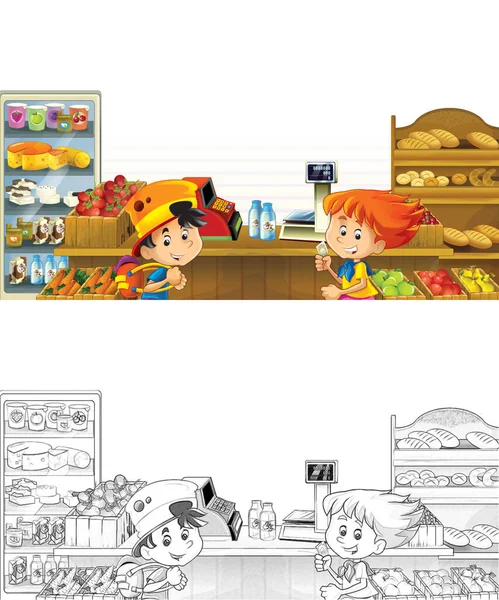Kreslená Kreslená Scéna Obchodě Různým Zbožím Ilustrace Pro Děti — Stock fotografie