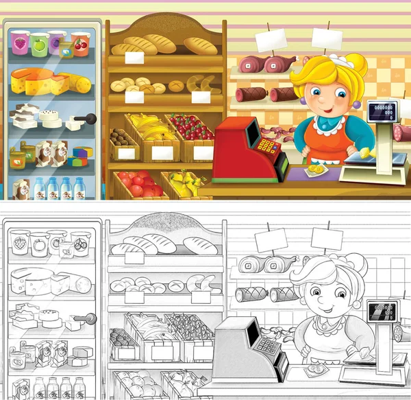 Cartoon Schets Scene Een Winkel Met Verschillende Goederen Illustratie Voor — Stockfoto