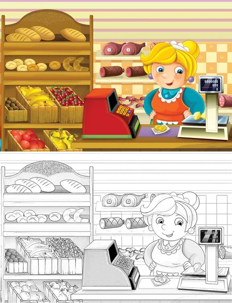 Cartoon Schets Scene Een Winkel Met Verschillende Goederen Illustratie Voor — Stockfoto