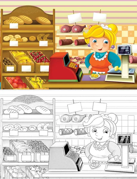 Bozzetto Cartone Animato Scena Negozio Con Merci Diverse Illustrazione Bambini — Foto Stock