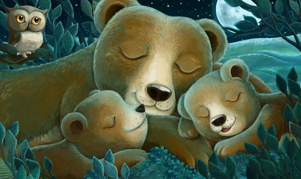Σκηνή Κινουμένων Σχεδίων Οικογένεια Αρκούδων Και Κουκουβάγιας Στο Δάσος Νύχτα — Φωτογραφία Αρχείου
