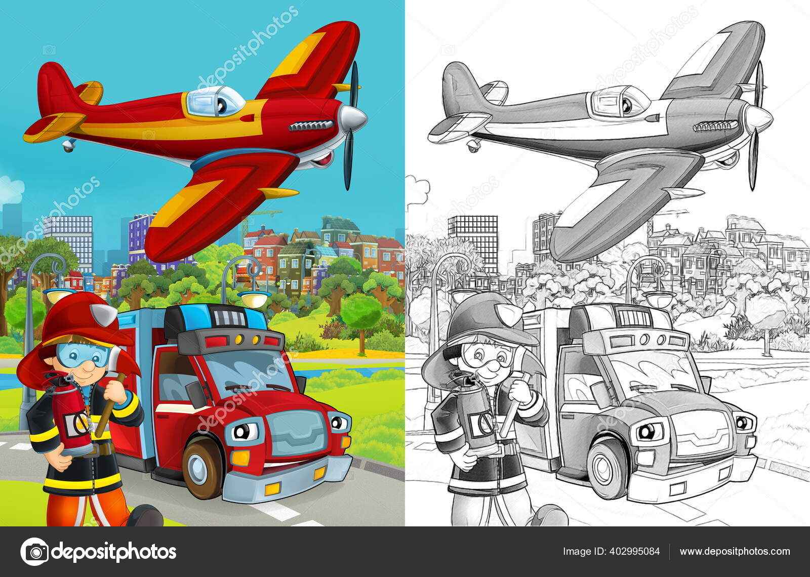Adegan Sketsa Kartun Dengan Kendaraan Pemadam Kebakaran Jalan Dan Petugas Stok Foto Illustrator Hft 402995084