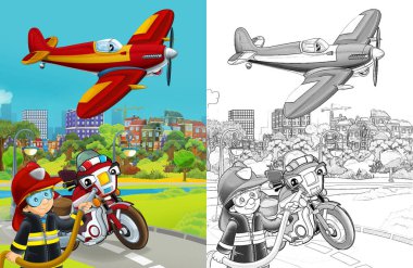 İtfaiye arabası yolda, itfaiye arabası ve itfaiyeci çocuk resimleri olan karikatür çizimi.