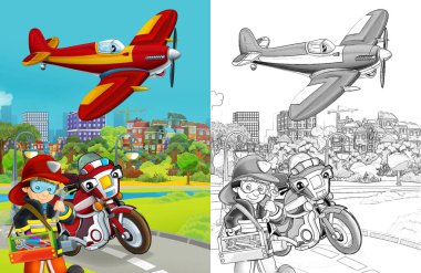 İtfaiye arabası yolda, itfaiye arabası ve itfaiyeci çocuk resimleri olan karikatür çizimi.