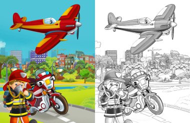 İtfaiye arabası yolda, itfaiye arabası ve itfaiyeci çocuk resimleri olan karikatür çizimi.