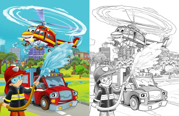 Cartoon Schets Scène Met Brandweer Auto Voertuig Weg Brandweerman Werknemer — Stockfoto