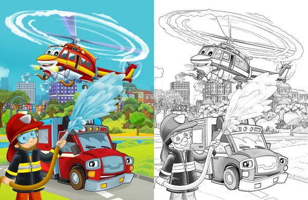 Cartoon Schets Scène Met Brandweer Auto Voertuig Weg Brandweerman Werknemer — Stockfoto