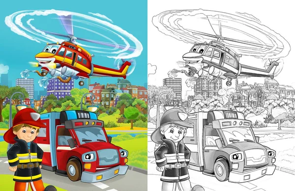 Cartoon Sketch Scene Fire Brigade Car Vehicle Road Fireman Worker — Stock Photo, Image
