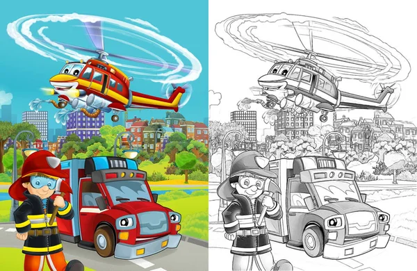 cartoon sketch scene with fire brigade car vehicle on the road and fireman worker - illustration for children