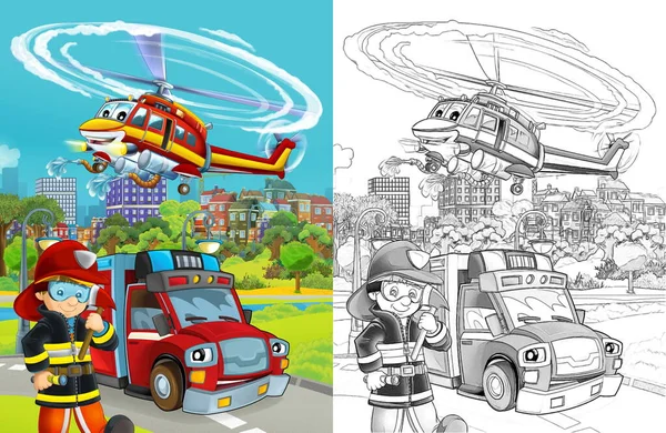 Escena Dibujos Animados Con Vehículo Bomberos Carretera Bombero Ilustración Para — Foto de Stock