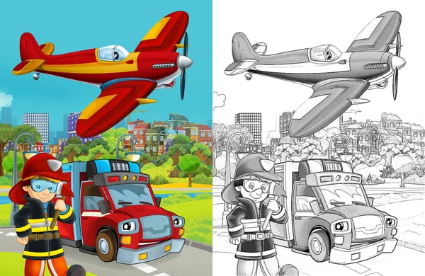 Cartoon Schets Scène Met Brandweer Auto Voertuig Weg Brandweerman Werknemer — Stockfoto