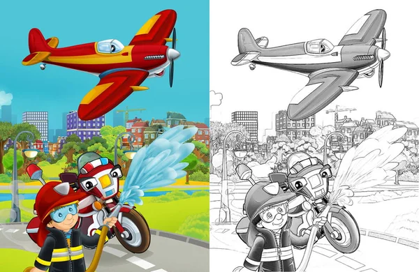 Cartoon Scene Met Brandweer Auto Voertuig Weg Brandweerman Werknemer Illustratie — Stockfoto