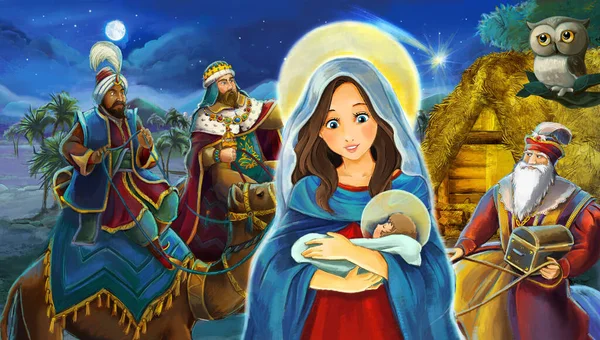 Illustrazione Religiosa Tre Santa Famiglia Gufo Scena Tradizionale Illustrazione Bambini — Foto Stock