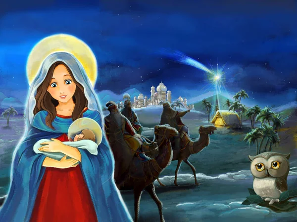 Religiöse Illustration Drei Könige Heilige Familie Und Eule Traditionelle Szene — Stockfoto