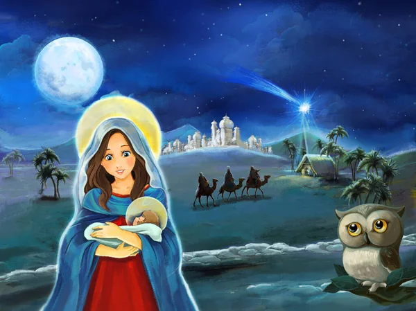 Religious Illustration Three Kings Holy Family Owl Traditional Scene Illustration — Stock Photo, Image