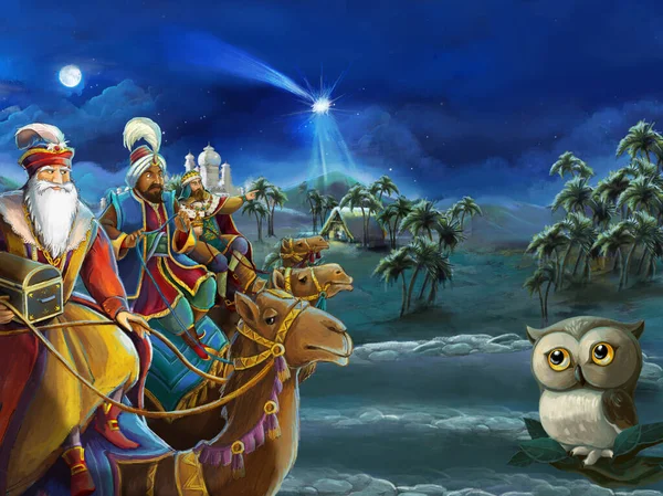 Ilustracja Religijna Trzech Królów Święta Rodzina Sowa Tradycyjna Scena Ilustracja — Zdjęcie stockowe