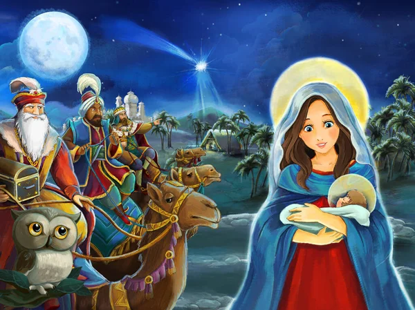 Religiös Illustration Tre Kungar Helig Familj Och Uggla Traditionell Scen — Stockfoto