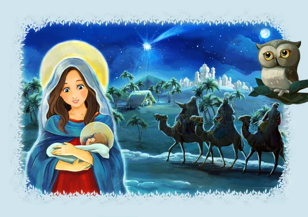 Religious Illustration Three Kings Holy Family Owl Traditional Scene Illustration — Stock Photo, Image