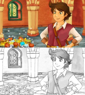 Ortaçağ Arap odası ile karikatür sahnesi hazineler ve prens veya kral - uzak doğu süslemeleri - çocuklar için farklı kullanım sahnesi - resimleme