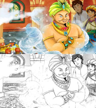 Ortaçağ Arap odası ile karikatür sahnesi hazineler ve prens veya kral - uzak doğu süslemeleri - çocuklar için farklı kullanım sahnesi - resimleme