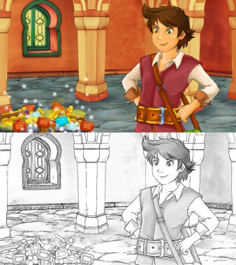 Ortaçağ Arap odası ile karikatür sahnesi hazineler ve prens veya kral - uzak doğu süslemeleri - çocuklar için farklı kullanım sahnesi - resimleme