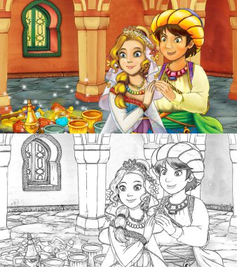 Ortaçağ Arap odası ile karikatür sahnesi. Hazineler, prens, prenses ya da kraliçe. Uzak doğu süsleri, çocuklar için farklı kullanım sahneleri.