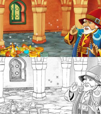 Ortaçağ Arap odası ile karikatür sahnesi hazineler ve prens - uzak doğu süslemeleri - çocuklar için farklı kullanım sahnesi - resimleme