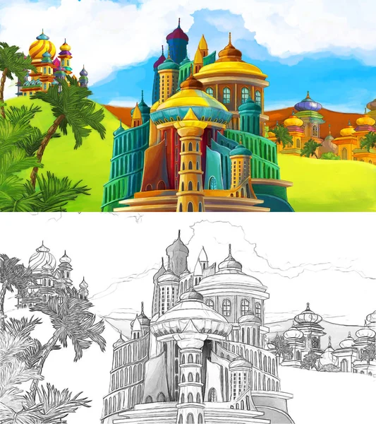 Cartoon Sketch Scene Beautiful Medieval Castles Far East Kingdom Illustration — Stock Photo, Image