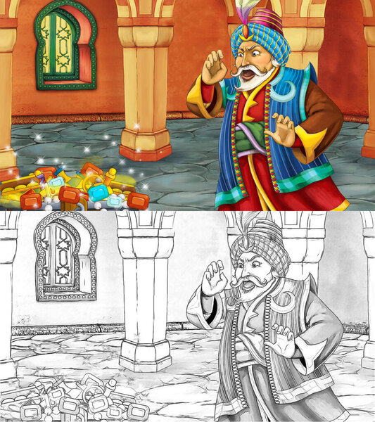 cartoon sketch scene with medieval arabic room with treasures and prince or king - far east ornaments - the stage for different usage - illustration for children