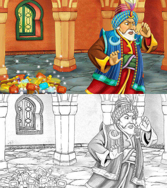 cartoon sketch scene with medieval arabic room with treasures and prince or king - far east ornaments - the stage for different usage - illustration for children