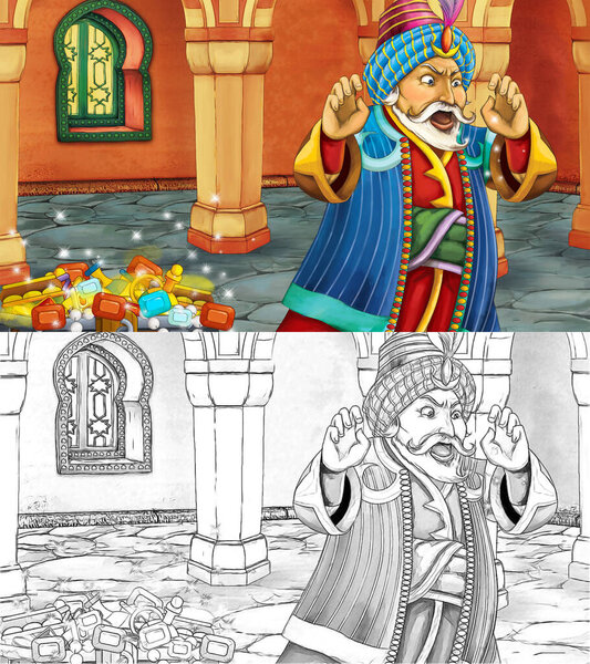 cartoon sketch scene with medieval arabic room with treasures and prince or king - far east ornaments - the stage for different usage - illustration for children