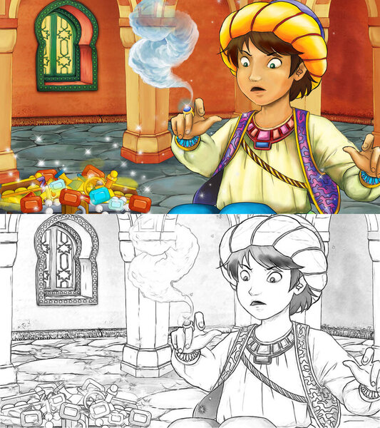 cartoon sketch scene with medieval arabic room with treasures and prince or king - far east ornaments - the stage for different usage - illustration for children