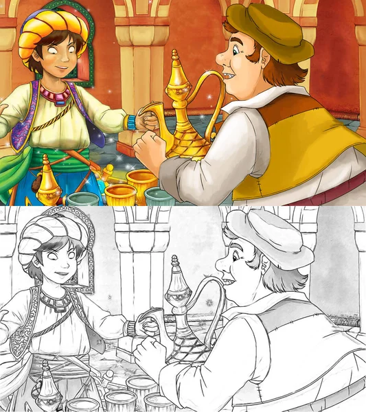 带有中世纪阿拉伯式房间的卡通画场景 带有财宝和王子或国王 远东装饰品 不同用途的舞台 儿童插图 — 图库照片