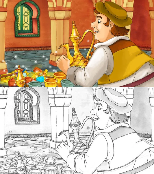 cartoon scene sketch with medieval arabic room with treasures and prince or king - far east ornaments - the stage for different usage - illustration for children