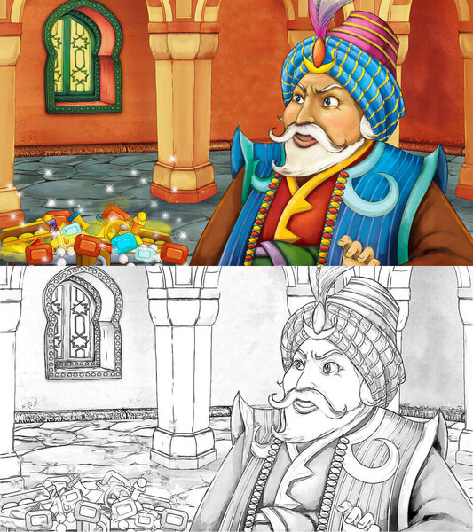 cartoon sketch scene with medieval arabic room with treasures and prince or king - far east ornaments - the stage for different usage - illustration for children