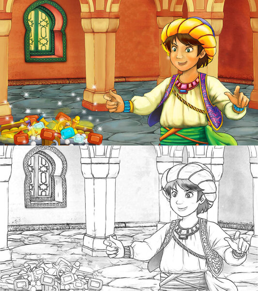 cartoon sketch scene with medieval arabic room with treasures and prince or king - far east ornaments - the stage for different usage - illustration for children