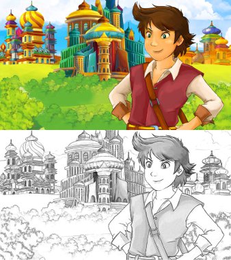 Ortaçağ Arap krallığının prensi ya da kralının seyahat ettiği karikatür sahnesi - uzak doğu süsleri - çocuklar için farklı kullanım sahnesi - illüstrasyon