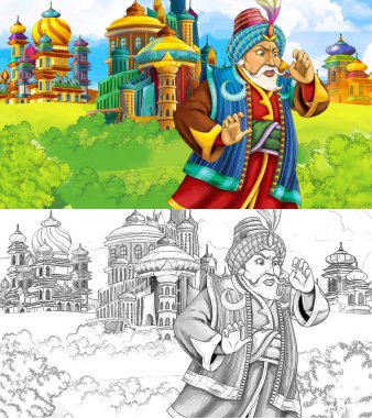 Ortaçağ Arap krallığının prensi ya da kralının seyahat ettiği karikatür sahnesi - uzak doğu süsleri - çocuklar için farklı kullanım sahnesi - illüstrasyon