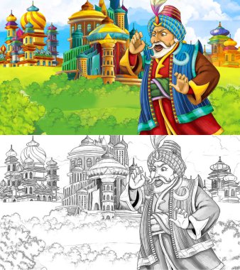 Ortaçağ Arap krallığının prensi ya da kralının seyahat ettiği karikatür sahnesi - uzak doğu süsleri - çocuklar için farklı kullanım sahnesi - illüstrasyon