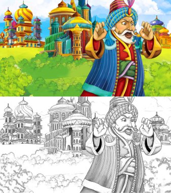 Ortaçağ Arap krallığının prensi ya da kralının seyahat ettiği karikatür sahnesi - uzak doğu süsleri - çocuklar için farklı kullanım sahnesi - illüstrasyon