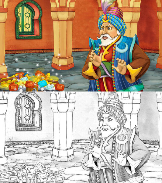 cartoon sketch scene with medieval arabic room with treasures and prince or king - far east ornaments - the stage for different usage - illustration for children